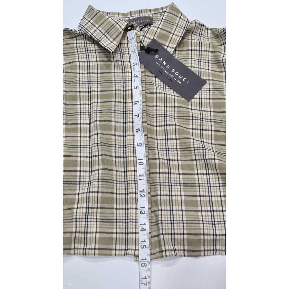 Sans Souci Womens Cropped Plaid Button Down Shirt Olive Green Puff Sleeve Small - Picture 6 of 8